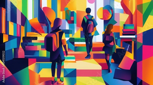 Geometric abstract back to school illustration - vibrant colors and student journey