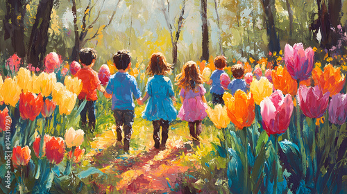 Wallpaper Mural A vibrant Easter morning painted in bold acrylics, showing children searching for eggs in a garden filled with tulips and daffodils, with bright, contrasting colors highlighting their joy Torontodigital.ca