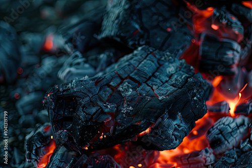 Macro Photograph of Burning Charcoal with Charred Surface and Blurred Fire Pit
