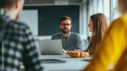 Engaging team meeting collaborative discussions and innovative ideas flowing in a modern workspace setting