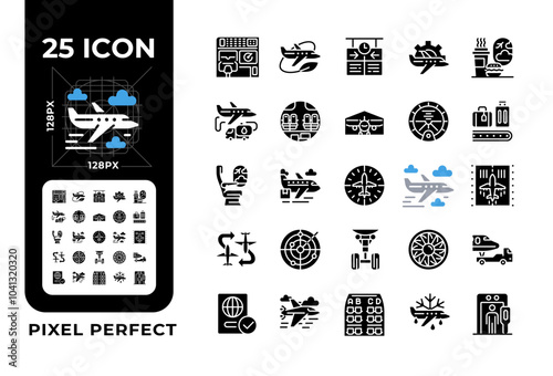 Aviation black glyph icons set on white space. Air travel. Aviation technology. Travel services. Airport operations. Silhouette symbols. Solid pictogram pack. Vector isolated illustration