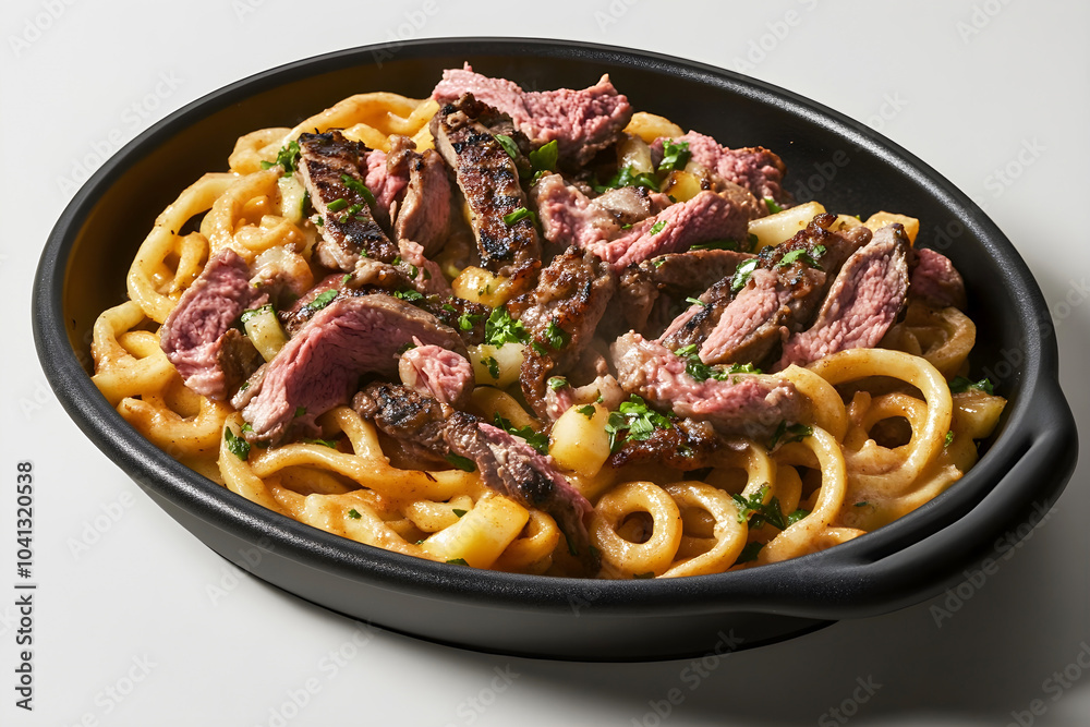 Close-up of a bowl filled with tender grilled steak slices served over creamy pasta garnished with fresh herbs, creating a hearty and flavorful meal Close-up of a bowl filled with tender grilled steak slices served over creamy pasta garnished with fresh herbs, creating a hearty and flavorful meal