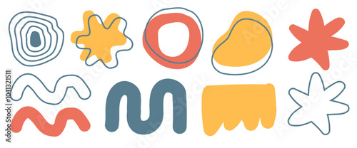 Simple doodle cartoon abstract shapes elements design in childish kids style vector graphic illustration set, line stroke hand drawn scribble blotch blobs figures, comic fun cute decor patterns image 