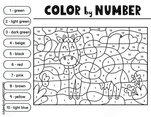 Color by number black and white activity page for kids with a cute cow. Farm scene puzzle game in outline for school and preschool. Printable worksheet with funny animal. Vector illustration