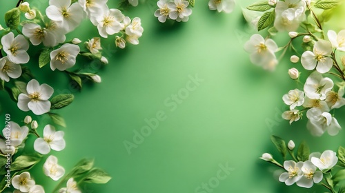 White cherry blossoms arranged in a frame on a green background, leaving space for text in the center.
