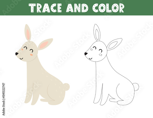 Trace and color game for kids with a cute rabbit. Activity page with a funny animal. Great for coloring book. Vector illustration