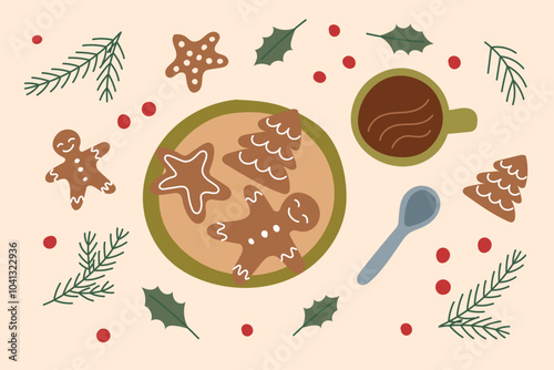 Christmas background. Christmas cookies gingerbreads. Top view. Sustainable Christmas banner.	