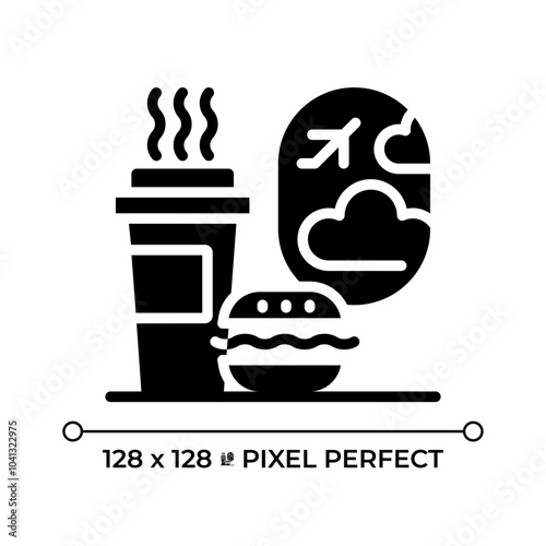 Inflight catering black glyph icon. Meals and beverages served during flights. Coffe with burger in front of porthole. Silhouette symbol on white space. Solid pictogram. Vector isolated illustration