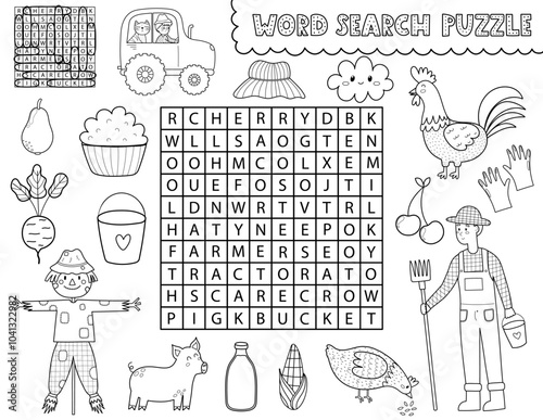 Word search black and white puzzle with cute farm characters. Find the hidden words activity page in outline for kids. Perfect for school and preschool. Vector illustration