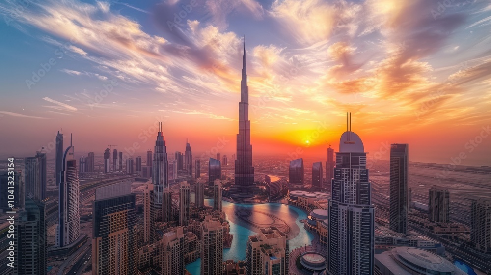 Fototapeta premium Sunset Over Dubai’s Iconic Tall Building
