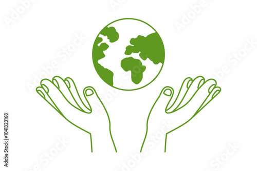 Vector illustration in flat linear minimal hand drawn simple style and logo design template - hands and planet earth - ecology concept