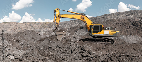 Large quarry dump excavator. Big yellow mining excavator at work site. Loading coal into body truck. Mining digger, mining machinery to loading rock. Production useful minerals