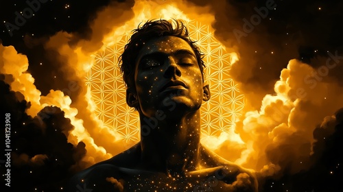 Man in Meditative Pose with Glowing Geometric Halo Amidst Dramatic Clouds