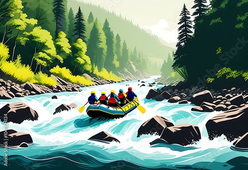 Group of Rafters Conquering Rapids in a Scenic Mountain River Adventure