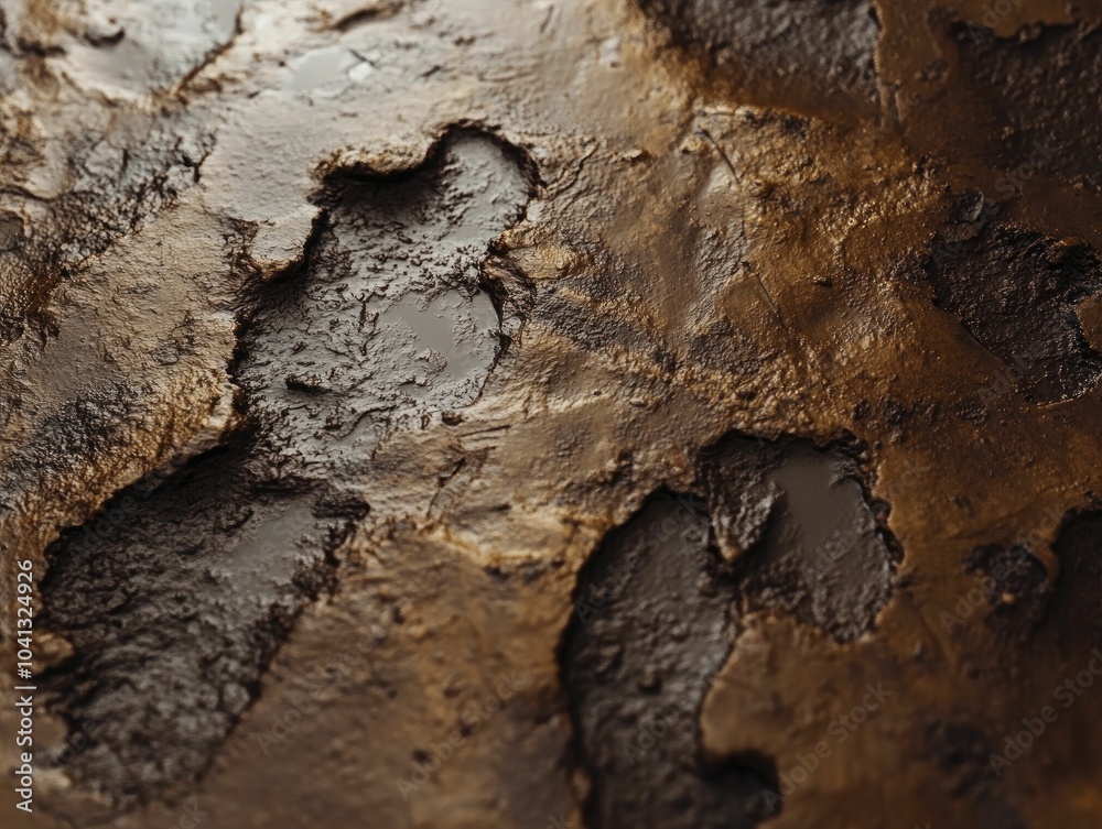 Obraz premium Mud texture marked by footprints, stratified soil, and a damp surface shimmering under subdued light.