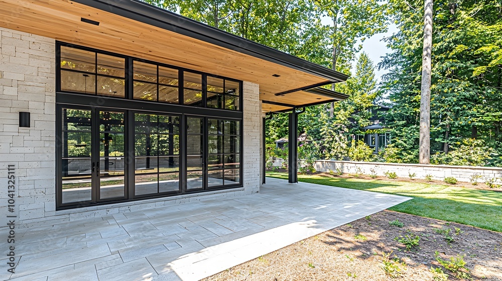 Fototapeta premium Sleek and Minimalist Modern White Front Door with Chic Black Accents and Large Glass Side Panels Inviting Entrance to a Stylish Residential Home