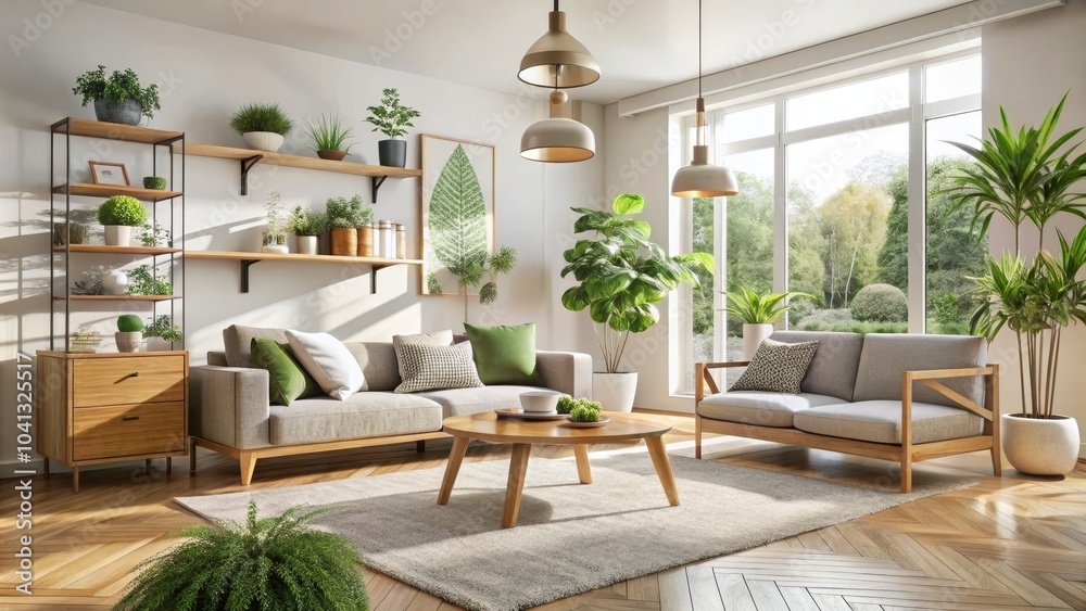 custom made wallpaper toronto digitalMinimalist Scandinavian Living Room with Neutral Tones, Wooden Furniture, Lush Green Plants, Cozy Studio Setup - Tranquil Interior Design Inspiration for Modern Homes