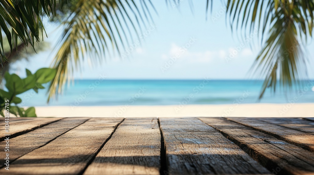 Tranquil Beachfront Scene with Wooden Table Tranquil Beachfront Scene with Wooden Table