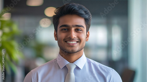 Portrait of smiling Indian business man in shirt and tie in office