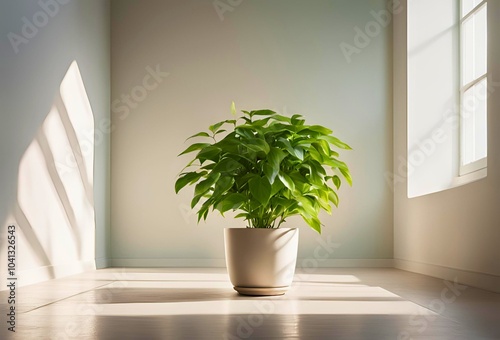 観葉植物が置かれた、太陽光の入るシンプルな部屋