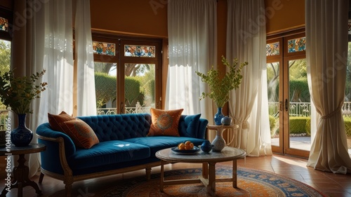 A luxurious living room with a blue velvet sofa,  a coffee table with fruit, and a rug, with large windows and white curtains.