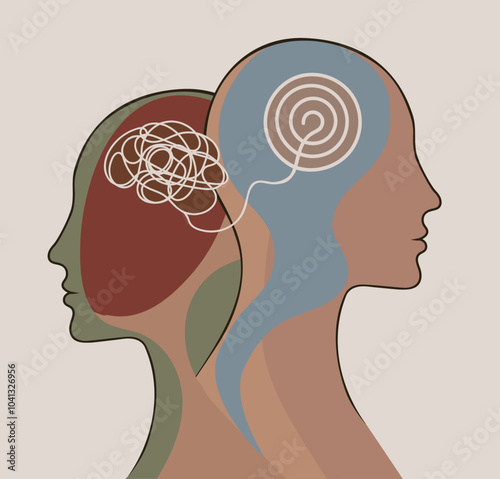 2 Head silhouette. Metaphor bipolar disorder mind mental. Double face with tangle and untangle brain. Concept mood disorder. Mental health. Split personality. Psychology