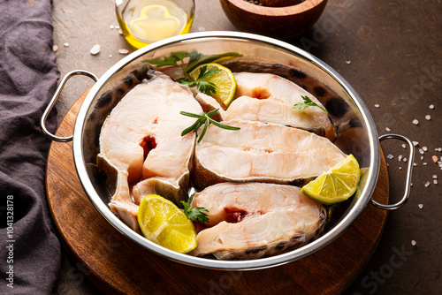 Raw catfish steaks with herbs, lime and spices in a baking dish on a gray background photo