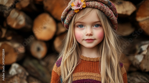 Autumn vives cute little blonde girl wearing comfy sweater and knitted cap, smiling at the camera	
 photo