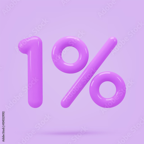 Purple icon, 3d render one percent sign, 1 %. Realistic design element. Vector illustration isolated on violet background for postcard, icons, poster, banner, web, design, arts. Black Friday Sale