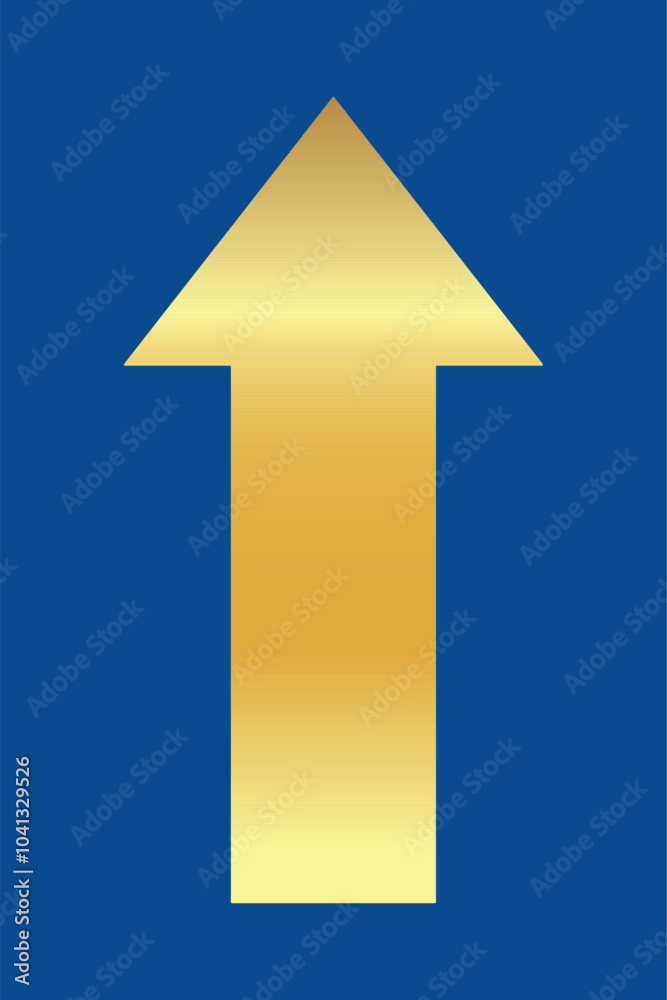 Golden shiny arrow is going up isolated on a blue background. Gold arrow, Vector.Business concept, growing chart. Concept of sales symbol icon with arrow moving up. Economic Arrow With Growing Trend.