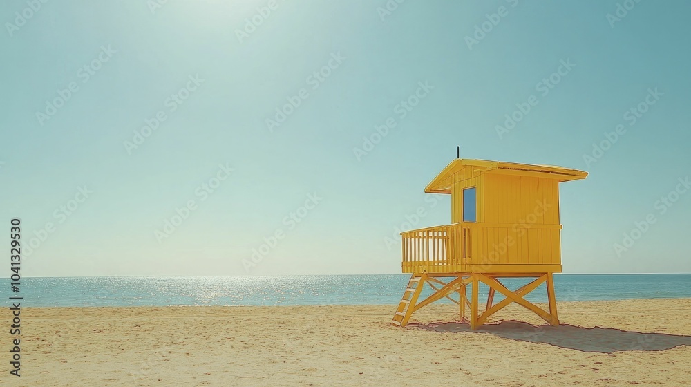 A vibrant yellow lifeguard stand sits on a sunlit beach, embodying the essence of summer with its blue, cloudless sky. A vibrant yellow lifeguard stand sits on a sunlit beach, embodying the essence of summer with its blue, cloudless sky.
