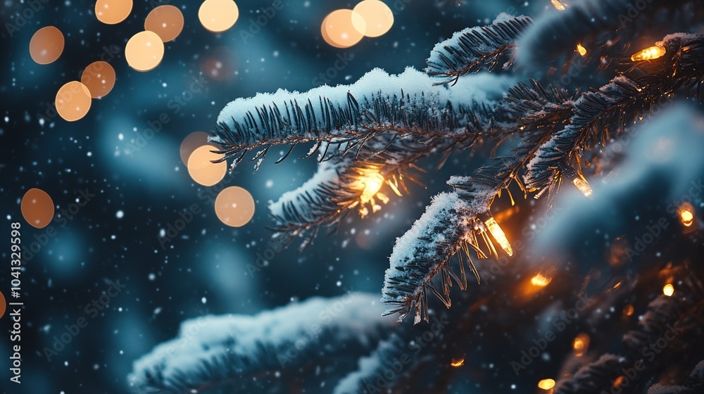 Snowy Christmas Tree with Warm Lights