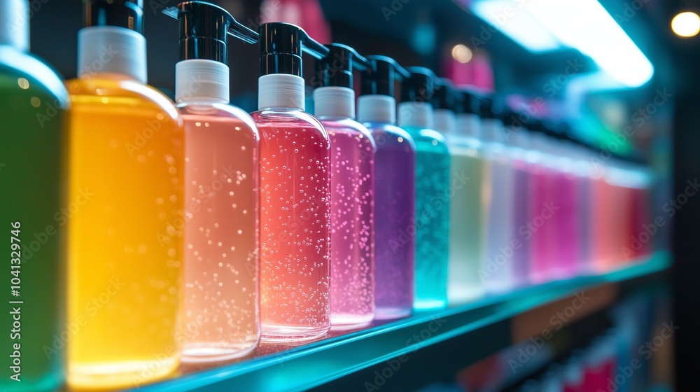 Colorful shampoo bottles lined up on a salon shelf Colorful shampoo bottles lined up on a salon shelf