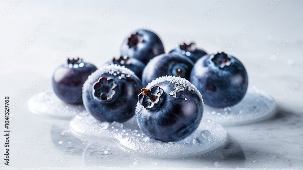 Fresh blueberries covered in frost on a white surface with ice crystals scattered around Fresh blueberries covered in frost on a white surface with ice crystals scattered around