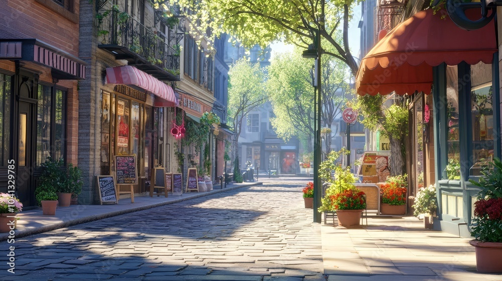 Fototapeta premium Charming Street Scene with Vibrant Flower Pots