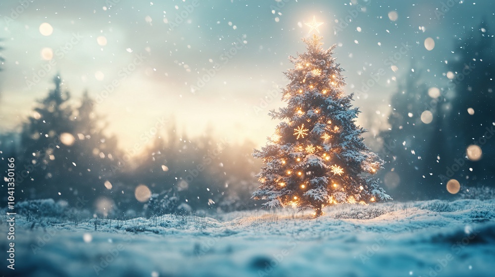 Snowy Christmas Tree in Winter Landscape