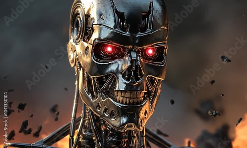 Close-up of a Metallic Terminator Robot with Red Eyes and a Grim Expression