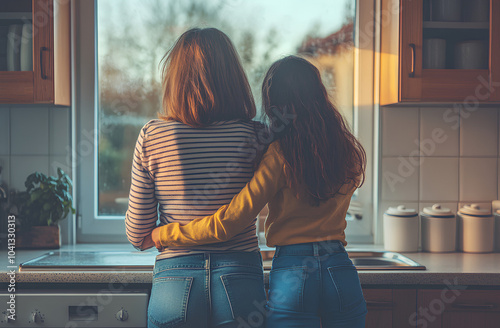 Two women in a kitchen embrace while looking out a window.