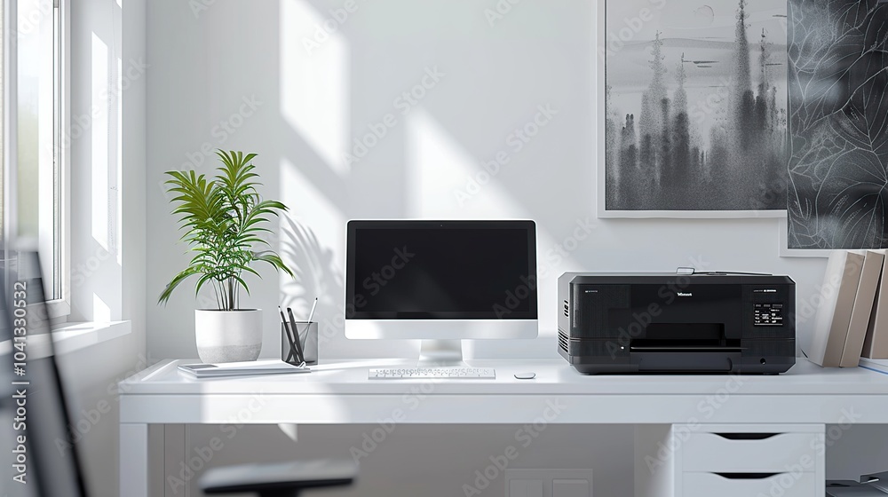 A modern office workspace with a computer, printer, plant, and a black and white cityscape painting on the wall. A modern office workspace with a computer, printer, plant, and a black and white cityscape painting on the wall.