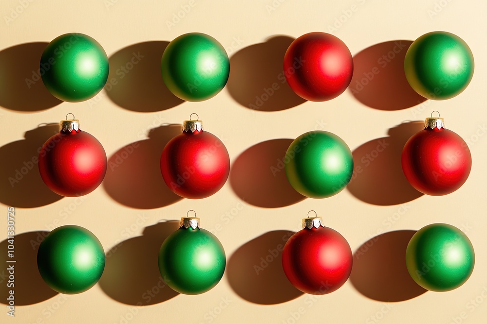 Red and green baubles in rows on light backdrop. Red and green baubles in rows on light backdrop.