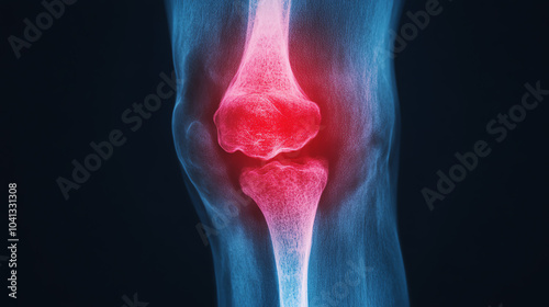 Anatomical illustration of a human knee joint highlighting the anatomical structures with a glowing effect against a dark background. photo