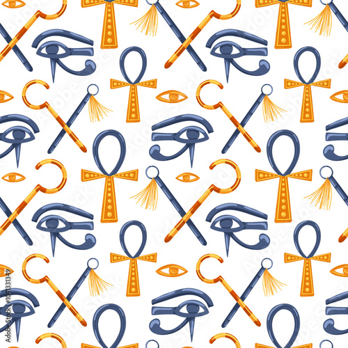 Ancient Egypt seamless pattern. Cartoon hand drawn vector ornament with ankh,  nekhakha, eye of Horus on white background. Egyptian symbols. Egyptian civilization background