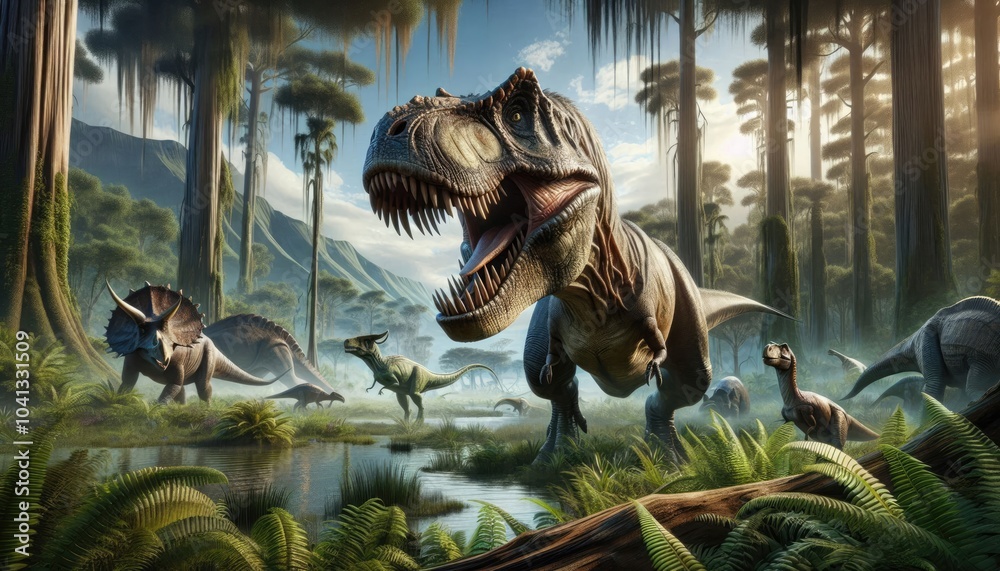 Obraz premium Realistic Digital Artwork of a Prehistoric Scene with Roaring Tyrannosaurus Rex, Grazing Herbivorous Dinosaurs, Lush Swampy Landscape, Flying Pterosaurs, and Distant Mountain Range
