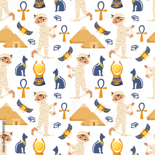Ancient Egypt seamless pattern. Cartoon hand drawn vector ornament with ankh, cat, scarab, nekhakha, eye of Horus, aten, mummy, pyramids on white background. Egyptian symbols. Egyptian civilization