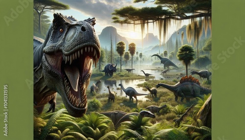 Realistic Digital Artwork of a Prehistoric Scene with Roaring Tyrannosaurus Rex, Grazing Herbivorous Dinosaurs, Lush Swampy Landscape, Flying Pterosaurs, and Distant Mountain Range
