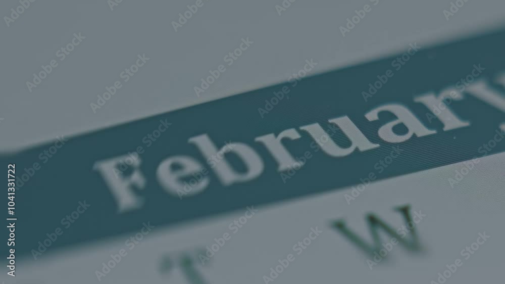 Macro view of digital calendar on smartphone screen with February month name Macro view of digital calendar on smartphone screen with February month name