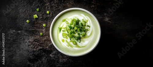 A cup of scallion latte on dark background, top view.