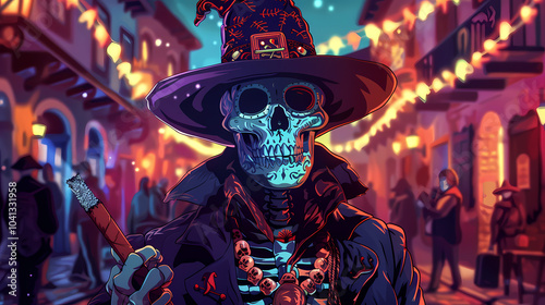 Halloween skeleton warlock vector drawing illustration, Halloween cartoon banner, skeleton witch, wizard, All Saints Day