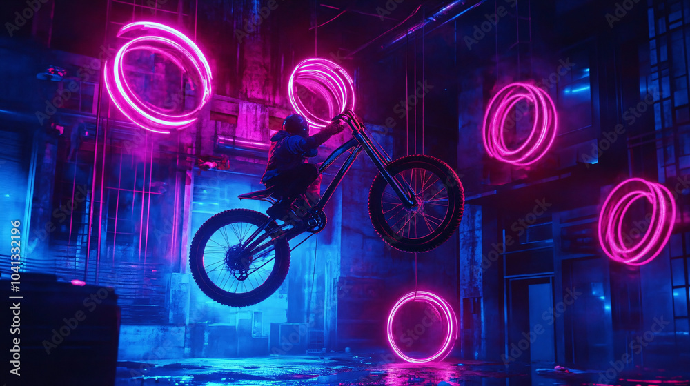 Fototapeta premium A Bike Performing a Wheelie, Suspended in Mid-Air, with the Wheels Morphing Into Spinning Neon Circles