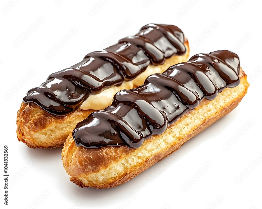 Trio of Decadent Chocolate Glazed clairs on Pristine White Background Trio of Decadent Chocolate Glazed clairs on Pristine White Background
